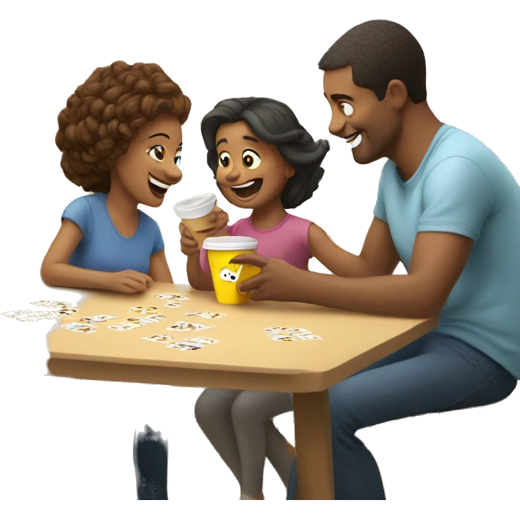 An emoji of a family—mother, father, and child—sitting at a table, playing a cup game with paper cups arranged on the table as they have fun together emoji