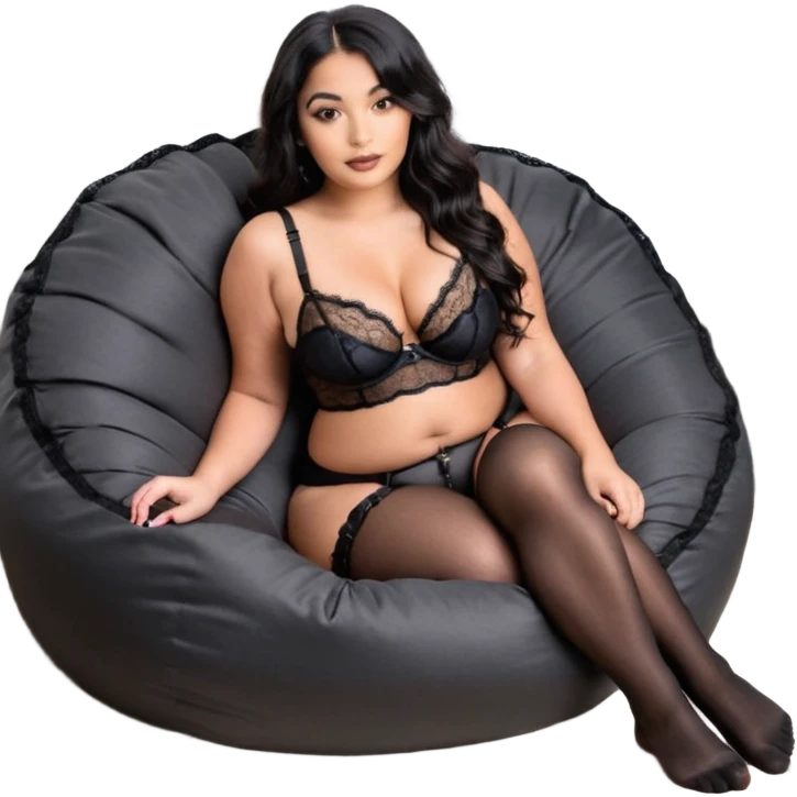 Curvy woman with brown skin with long wavy black hair, dark brown eyes. She's wearing a black lace lingerie, black lace thong, black stockings and suspender belt, she's sat on a big dark grey bean bag chair with her legs open and feet on the floor. She asks the camera to come closer emoji