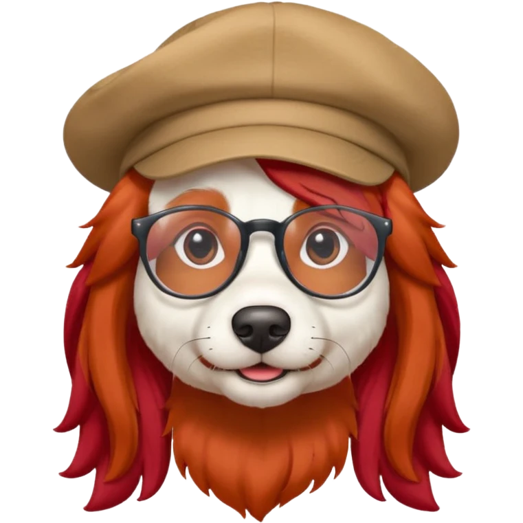 white dog with very red long hair and glassess and hat emoji