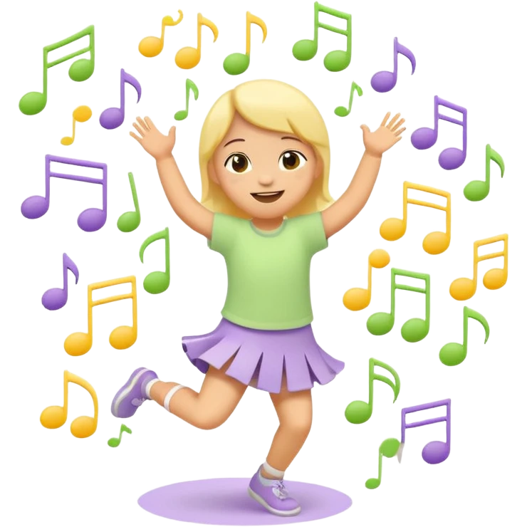 Flat illustration emoji of a small child dancing or moving joyfully to music, musical notes floating around, smiling expression, soft pastel colors (yellow, lavender, light green), rounded shapes, minimal details, child-friendly, warm and playful style emoji