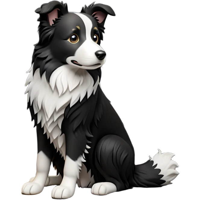cinematic-[border collie dog]-realistic-full-body-sitting-emoji,-tail-resting-loosely-beside-its-paws,-head-tilted-dramatically,-scruffy-[black and white]-fur,-simplified-yet-realistic-focused-features,-highly-detailed,-glowing-with-an-almost-sarcastic-glow emoji