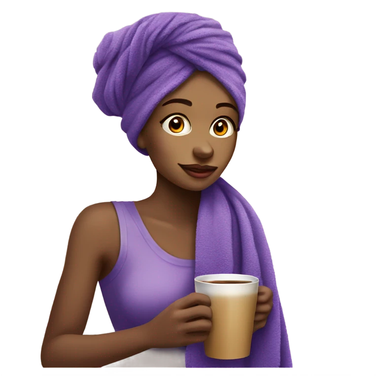 beautiful girl with a purple towel on her head drinks coffee emoji