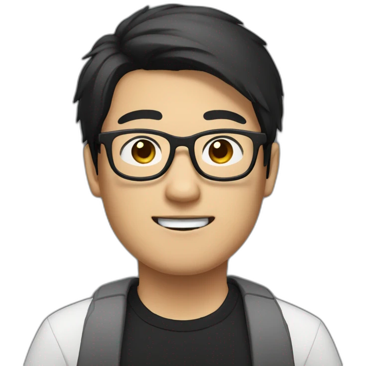 Heavy Asian Man with black neck length hair who wears spectacle with a black and white cat emoji