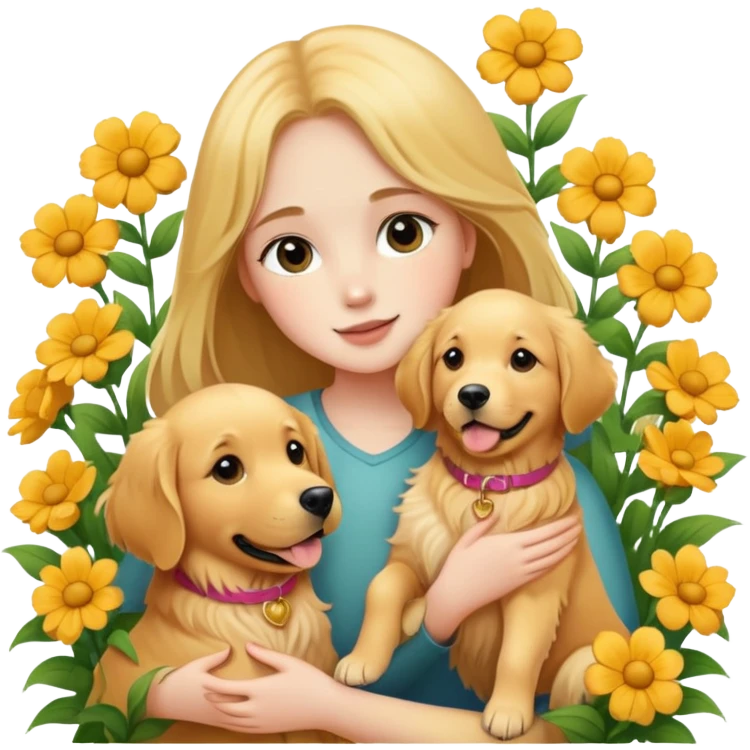 A girl is holding a golden retriever in the flowers emoji