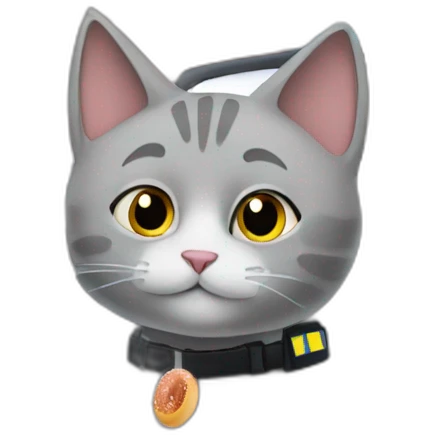 grey cat sitting in a police car. The car is parked outside a doughnut shop emoji