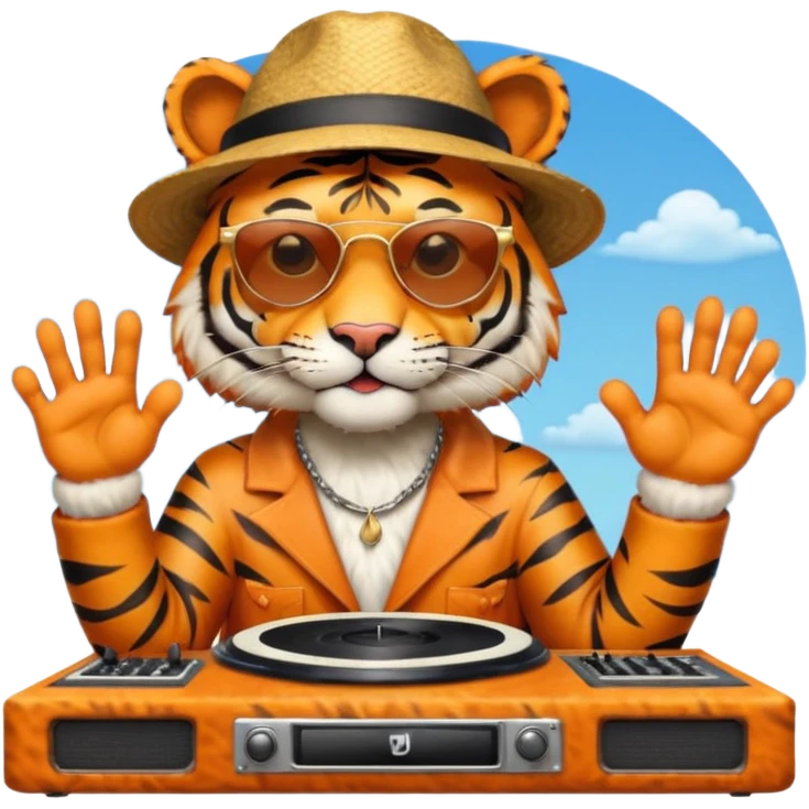 Un tigre con sombrero estilo cubano, una mesa de dj y gafas de sol. Una mano en la mesa de dj y la otra mano señalando al cielo a Dios emoji