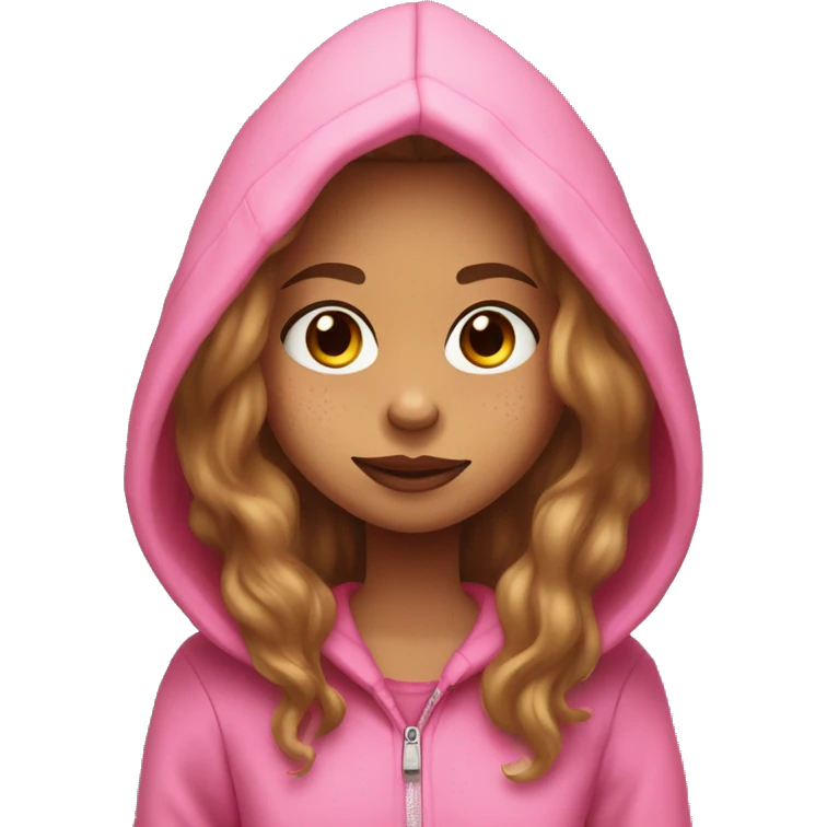 Girl with light brown long hair with hazel eyes with freckles and wearing a pink grinch hoodie emoji