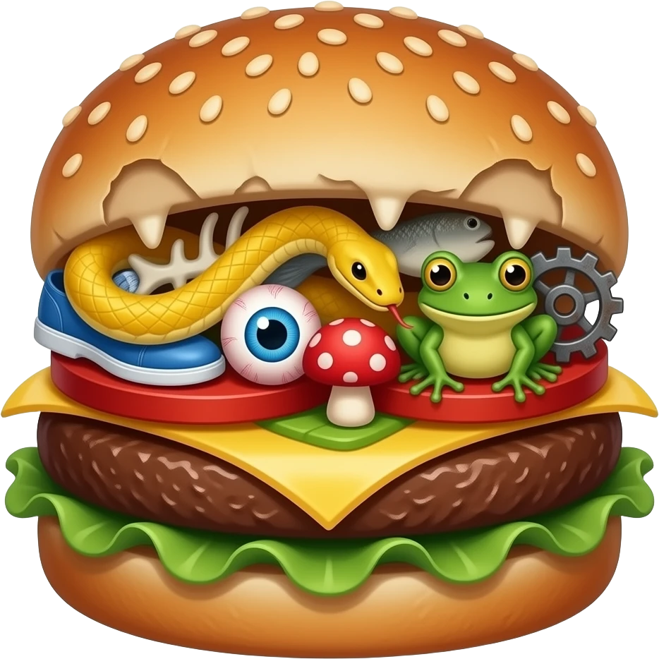 rotten hamburger bottom bun with human teeth   yellow snake blue shoe dead spider fishbone  red mushrooms  blue eyeball  green frog human heart rusty gear broken glass rotten hamburger top bun emoji