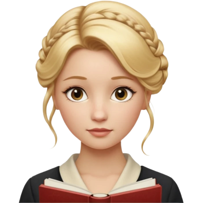 Cinematic Realistic Journal Portrait, depicted with lifelike skin texture, subtle rosy undertones, and soft natural lighting that enhances the gentle contours of her face. Her intricately detailed golden blonde hair is elegantly styled in an updo, emoji