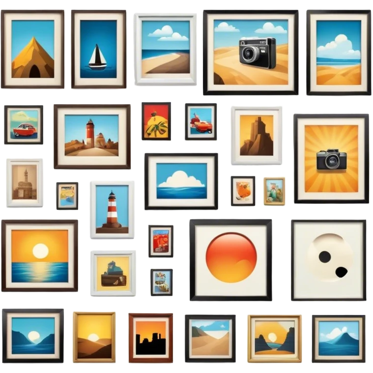 Icon for Photograph and Poster Collecting: a collection of photographs and movie posters, neatly displayed on a wall or in frames. The icon should evoke the nostalgia and artistic value of collecting rare images and posters. Transparent background. emoji