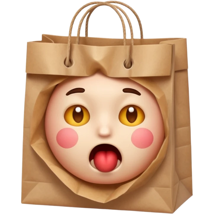 apple emoji style, anxious face, hands holding a paper bag, cheeks inflated, panic breathing emoji