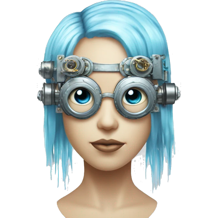 Pastel blue haired cyborg head with silver steampunk goggles and circuits emoji