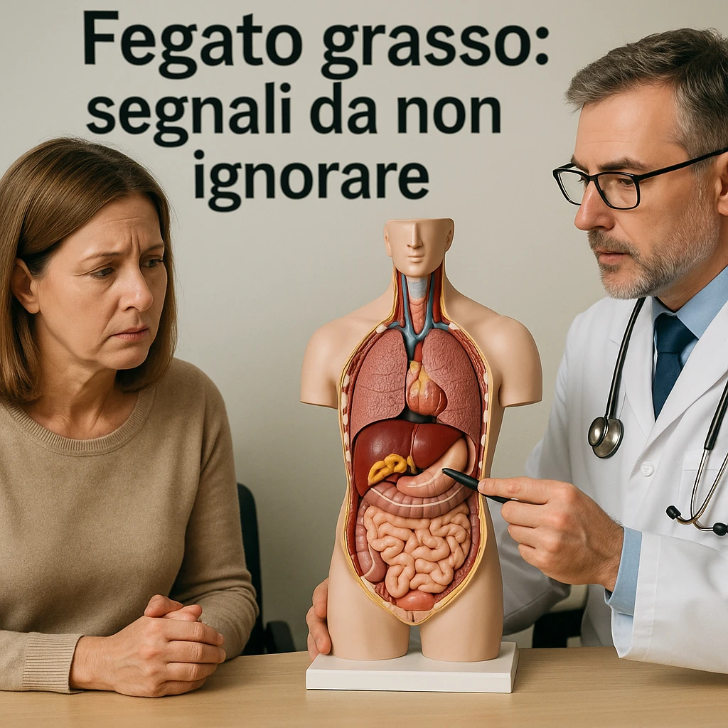 symbolic scene of a person sitting in a clinic, doctor pointing to liver area on anatomical model with yellow areas, Italian text 'Fegato grasso: segnali da non ignorare', 4K quality emoji