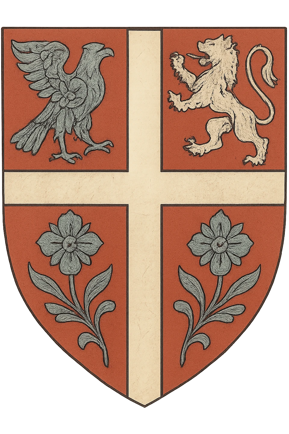 medieval heraldic blazon with red background, white cross at the center, composition of blue, white, and red colors, finely detailed style emoji