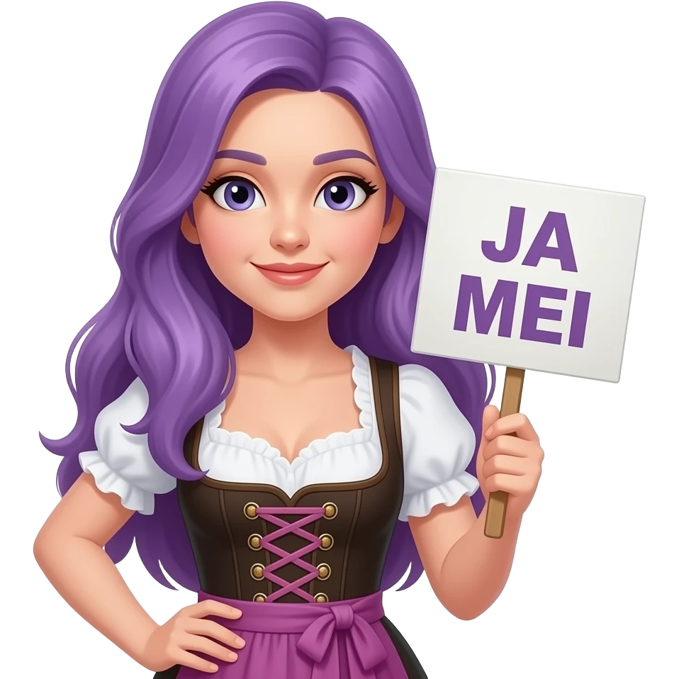 girl with long purple hair wearing a dirndl holding a JA MEI sign emoji