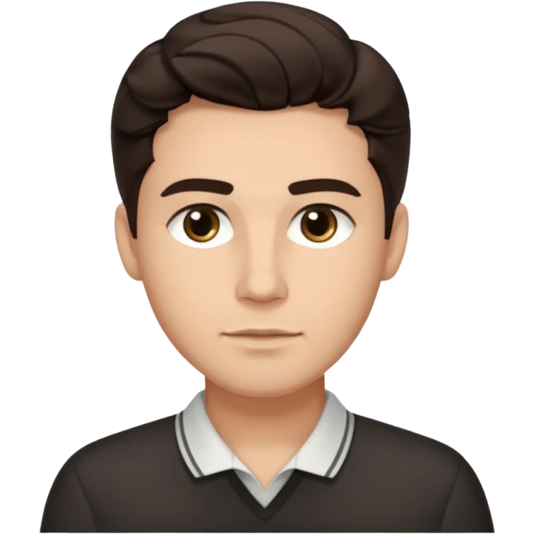 He’s a man with light to medium skin, a defined oval face, full brows, deep-set eyes, and wavy short dark brown hair styled with height, sides are trimmed. expression calm and focused relaxed black open-collar .polished, articulate, and trainer vibe. emoji