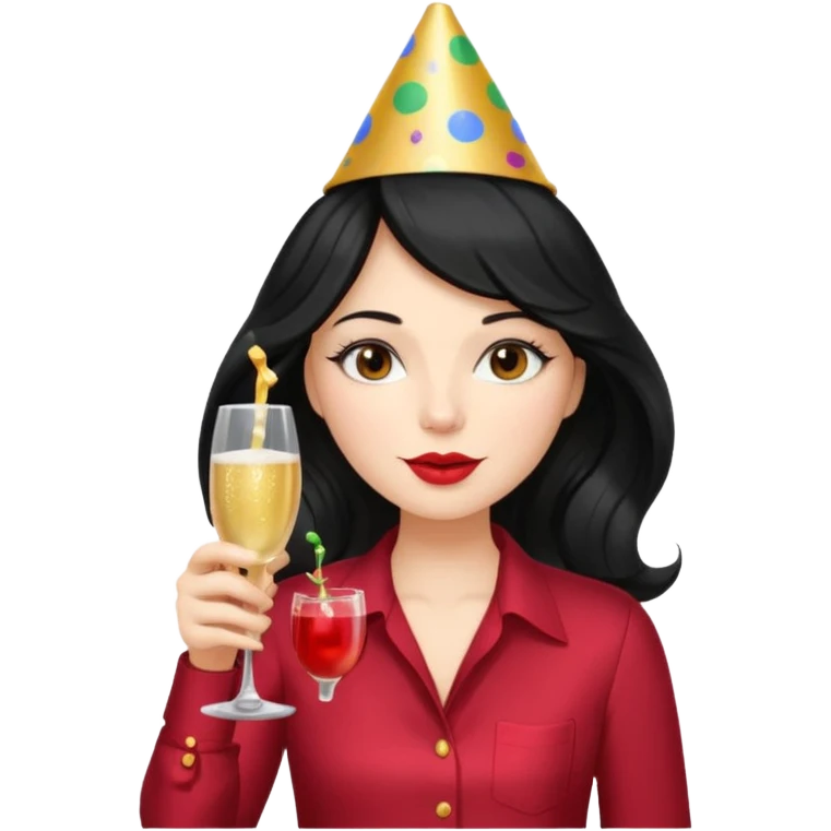A woman with wavy black hair and a beautiful and authoritative cherry shirt drinking champagne emoji