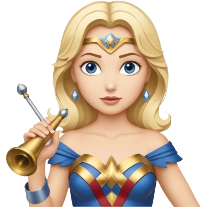 Blonde blue eyed Wonder Woman holding white orchestra conductor’s baton and bell  emoji
