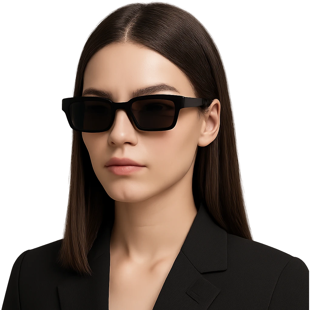 a woman with straight hair and black rectangular sunglasses, modern look, headshot emoji