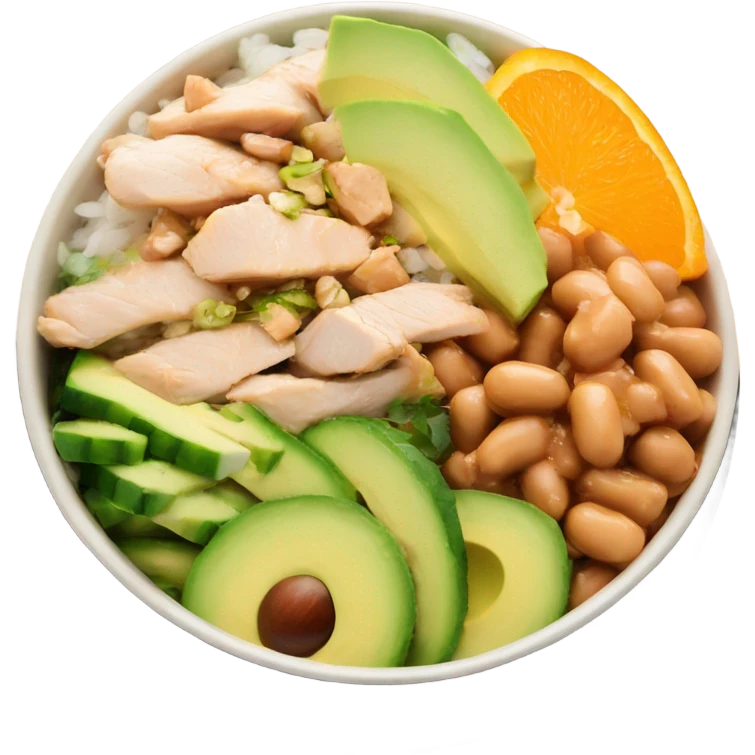 Poke bowl with chicken, avocado, orange, cucumbers and beans emoji