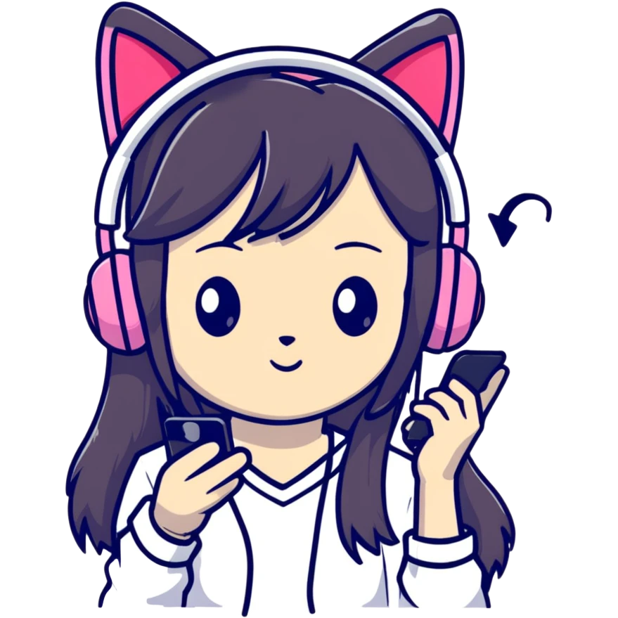 Super kawaii Japanese girl with long hair wearing cat ear headphones and holding a mobile phone emoji