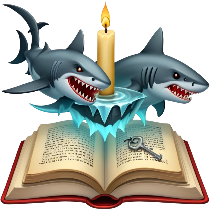 Icon for Horror & Mystery Reading: an open book with eerie glowing symbols, from which rise Dracula with fangs, flying bats, a zombie hand, and a lurking shark with sharp teeth. Surrounding elements include a flickering candle and an old key. Transparent background. emoji