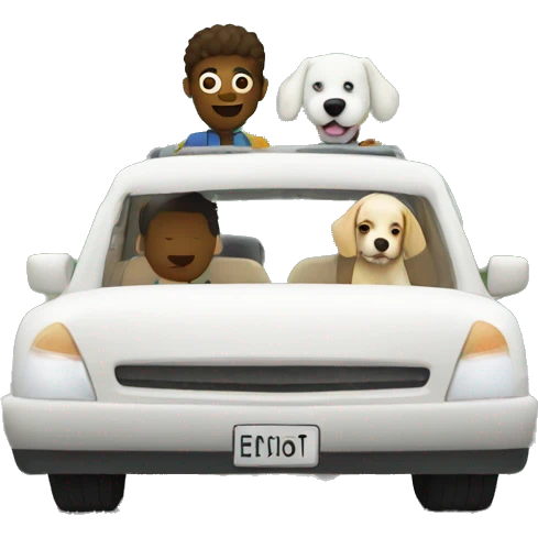 Road trip with two people and white dog in car emoji