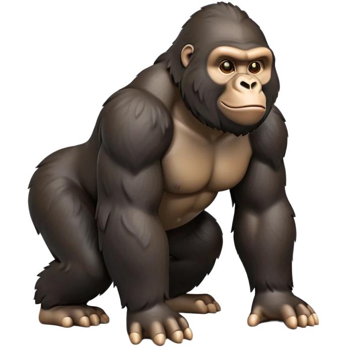 cinematic-gorilla-realistic-full-body-on-all-fours-emoji,-exuding-strength,-thick-dark-fur-in-the-light,-head-tilted-dramatically,-deep-friendly-eyes-filled-with-intense-intelligence,-simplified-yet-realistic-focused-features,-highly-detailed, zoomed out friendly  emoji