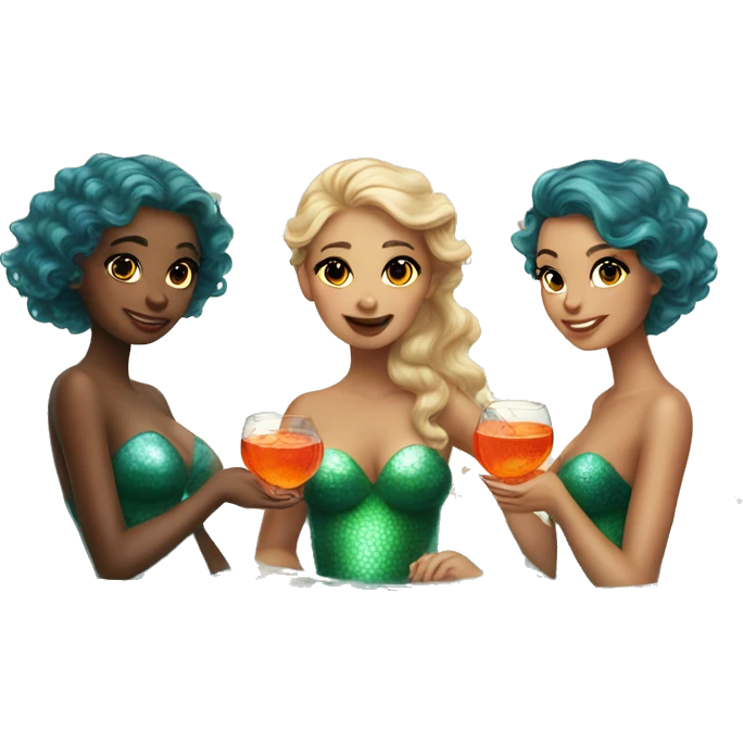 Three beautiful mermaids (light skin) drinking aperol emoji