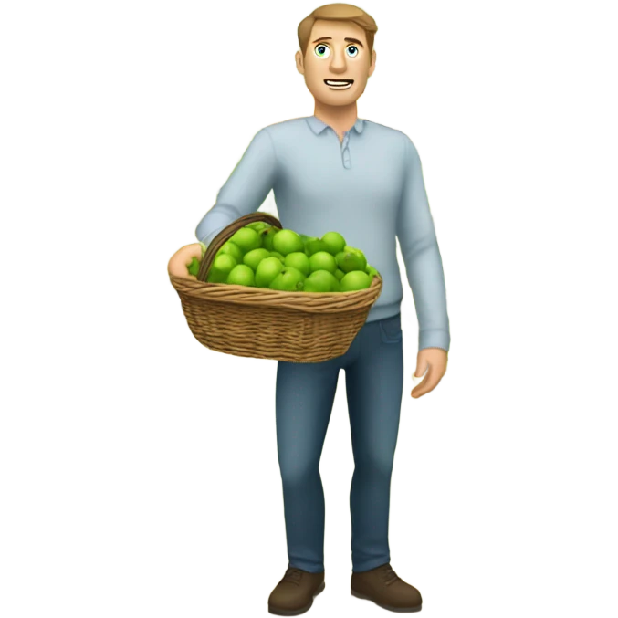 A white man with brown hair and tall carrying many limes in his hands in a supermarket. Make it so the limes are nearly overflowing the basket. emoji
