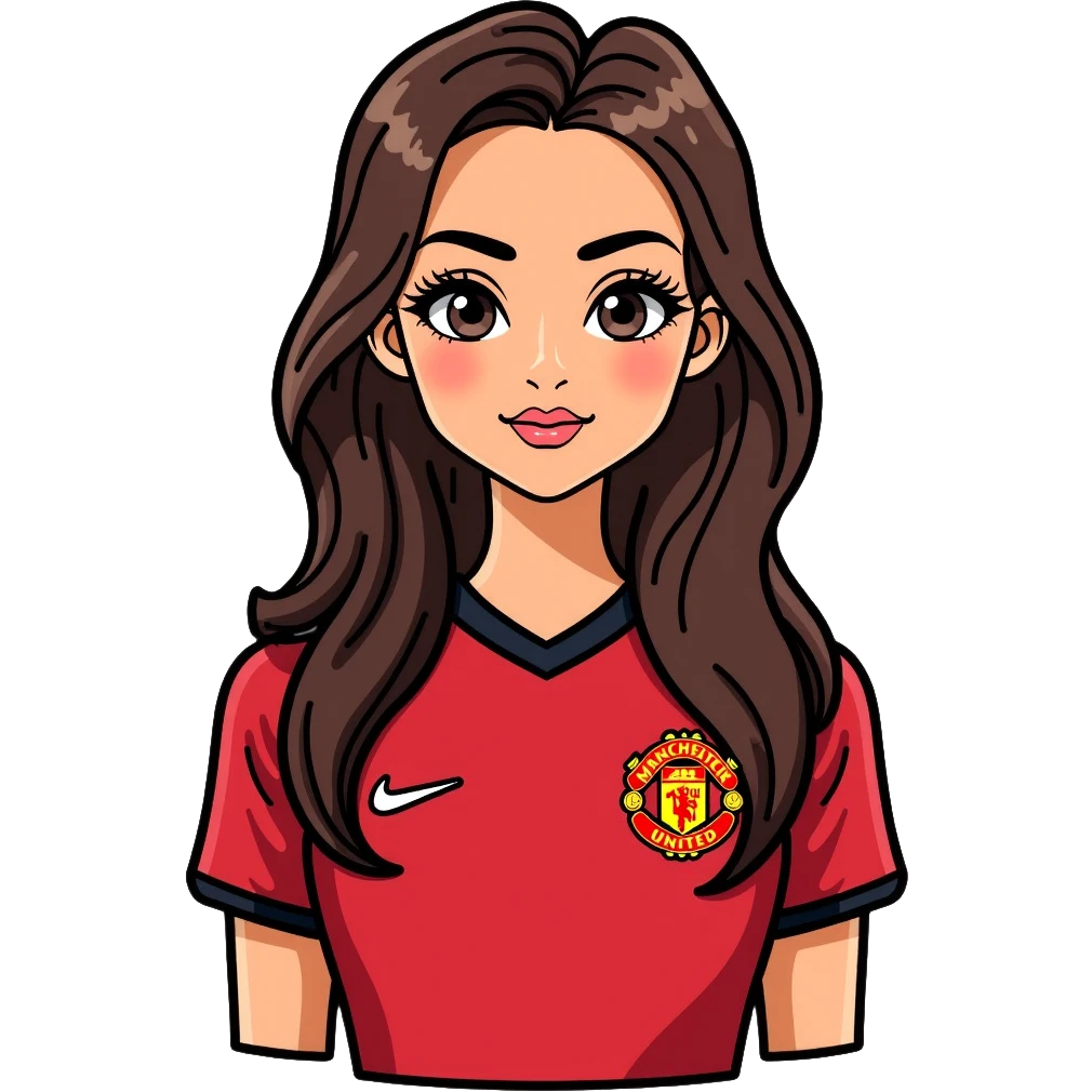 Cute girl with long straight brown hair, brown eyes with mascara, makeup, wearing a Manchester United red football kit emoji