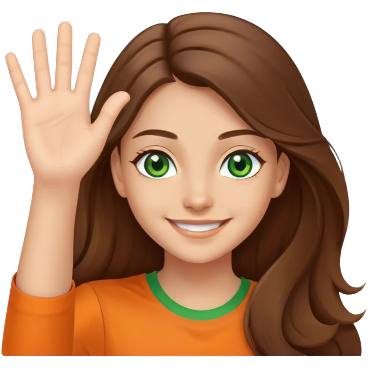 smiling girl with long brown hair, middle hair split, waving, green eyes, orange shirt emoji