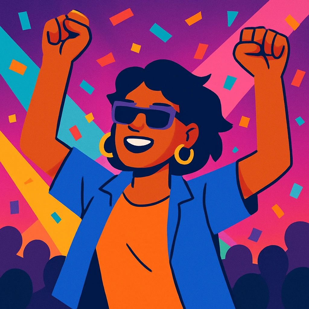 close-up of a person dancing with hands in the air at a concert, confetti, colorful lighting emoji