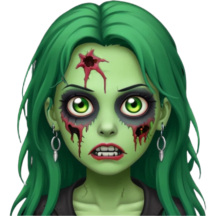Zombie girl with a facial piercings long black hair green skin emoji