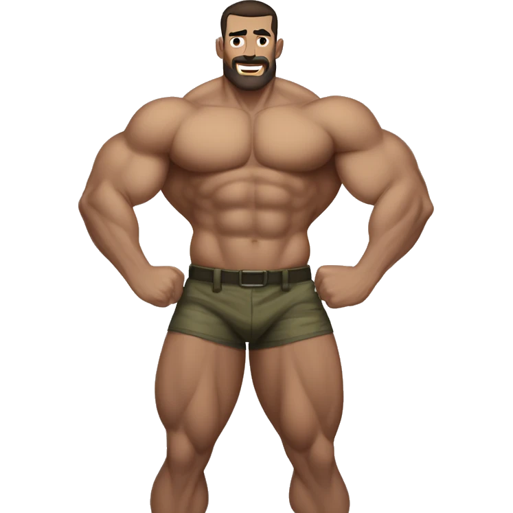 White skin, dark brown hair, hairy body, Bodybuilder, biceps, high and tight military haircut, wearing briefs emoji