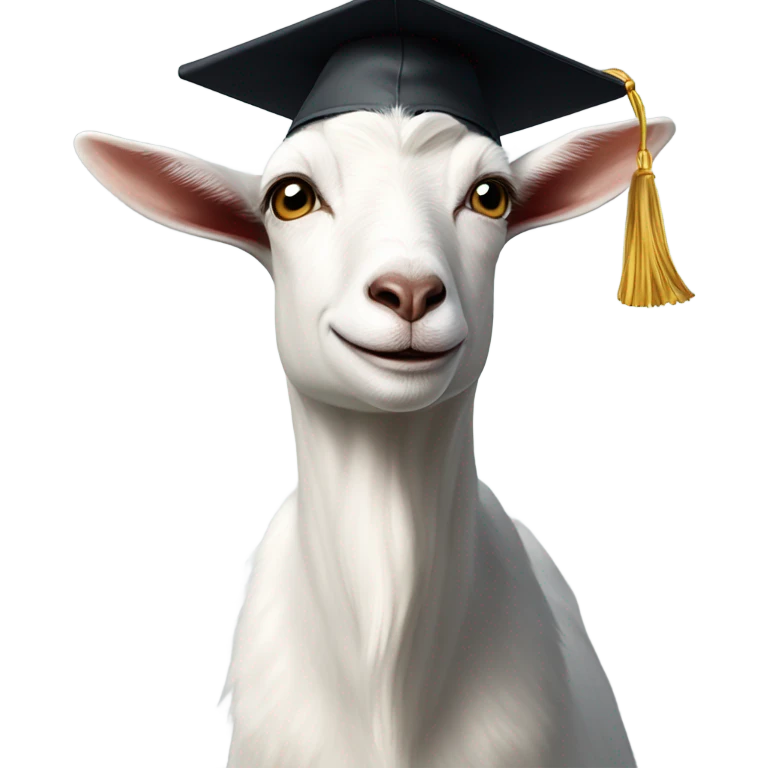 a smart nerdy goat wearing glasses and graduation hat smirking emoji