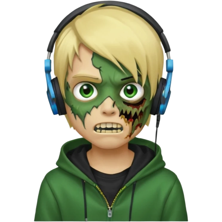 boy zombie whit blonde emo hair and eyes blue and GREEN SKIN and heandphones AND A MICROFONE AND GOLD TEETH and agesive face and the hoodie black emoji