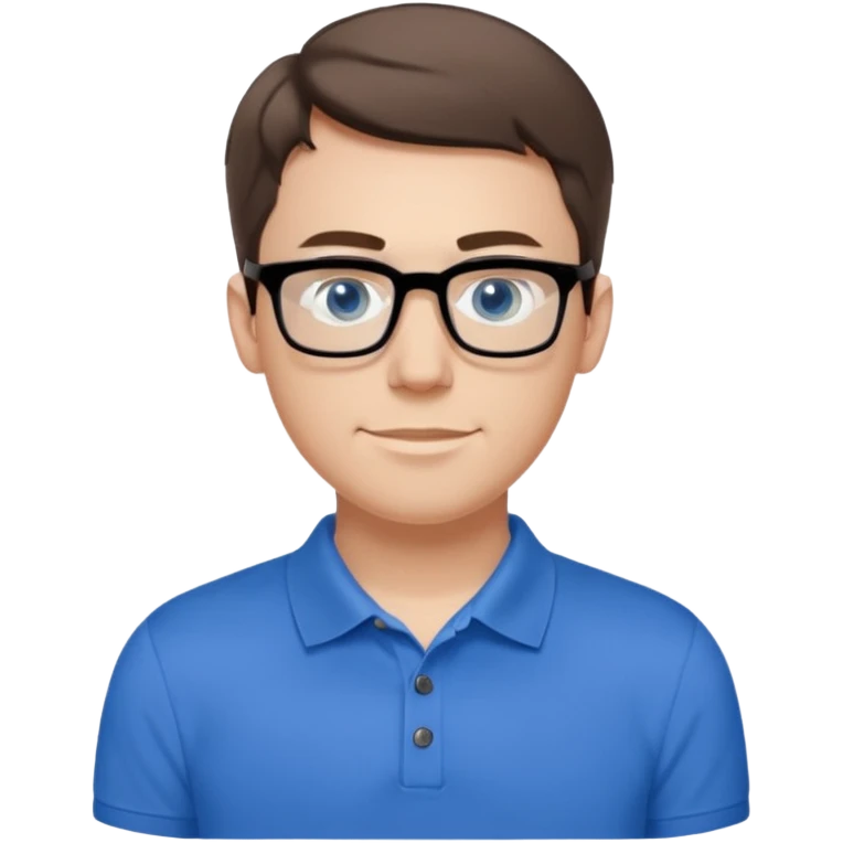 Scott The WozYoung white man, late 20s, short brown hair, blue eyes, clean-shaven, thin black rectangular glasses, slim build, wearing a blue polo shirt, friendly and energetic look. emoji