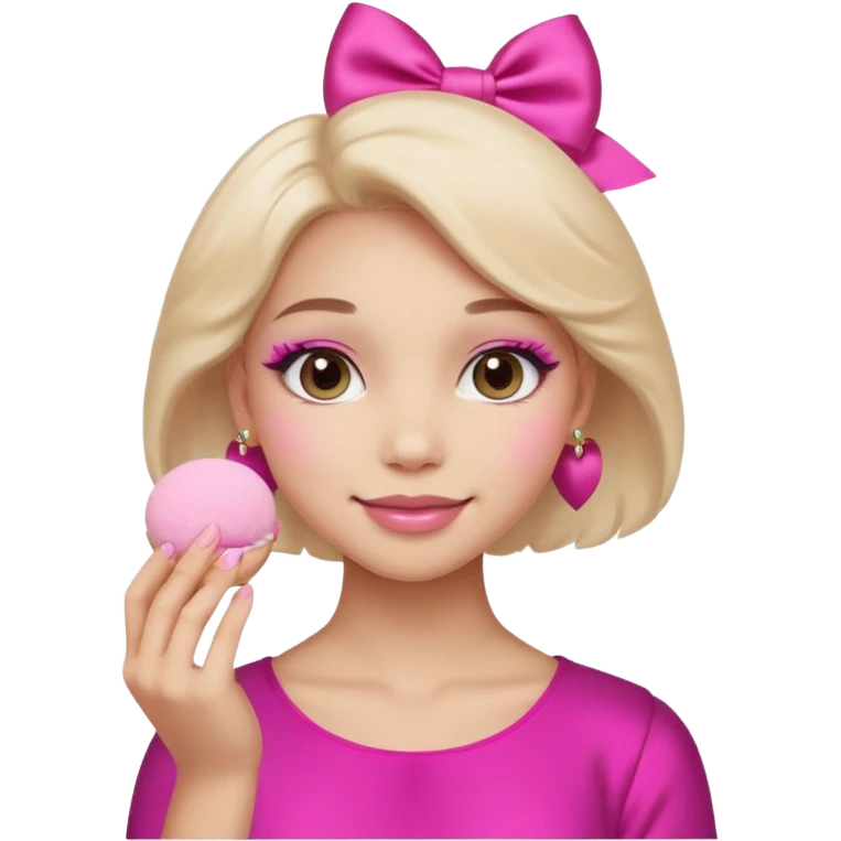 female face, light skin tone, small simple closed smile. One hand visible holding a round fluffy pink makeup powder puff pressed to the cheek; the puff has a small satin bow. emoji