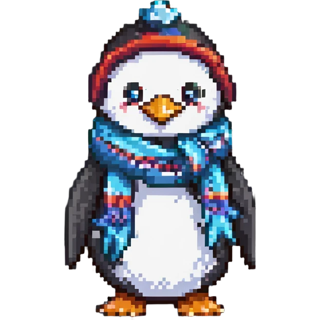 pixel art penguin, with a scarf emoji