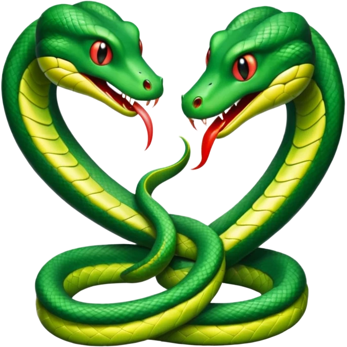 Two green snakes tangled at their tails, facing each other, hissing  emoji