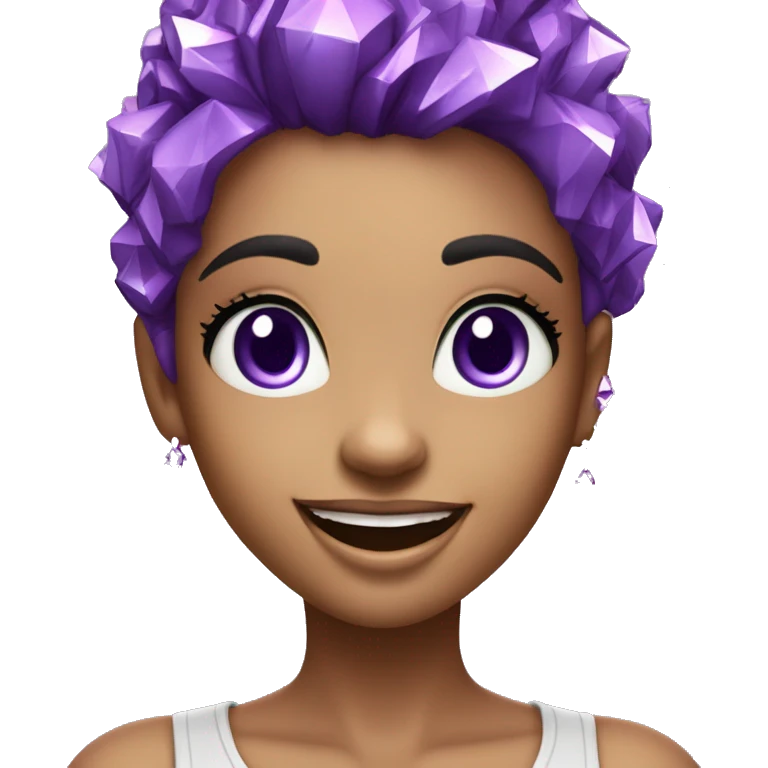 one girl with purple diamond hair made from purple crystals or diamonds or jewels, she is feeling happy and elated and excited, make her hair shiny with prisms and angles and edges emoji