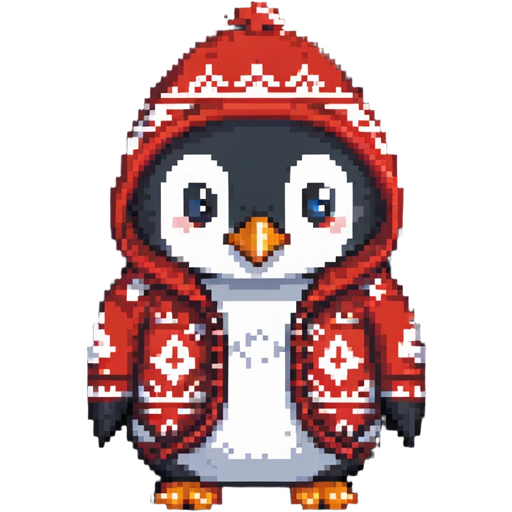 penguin wearing a red paisley pattern hoodie emoji