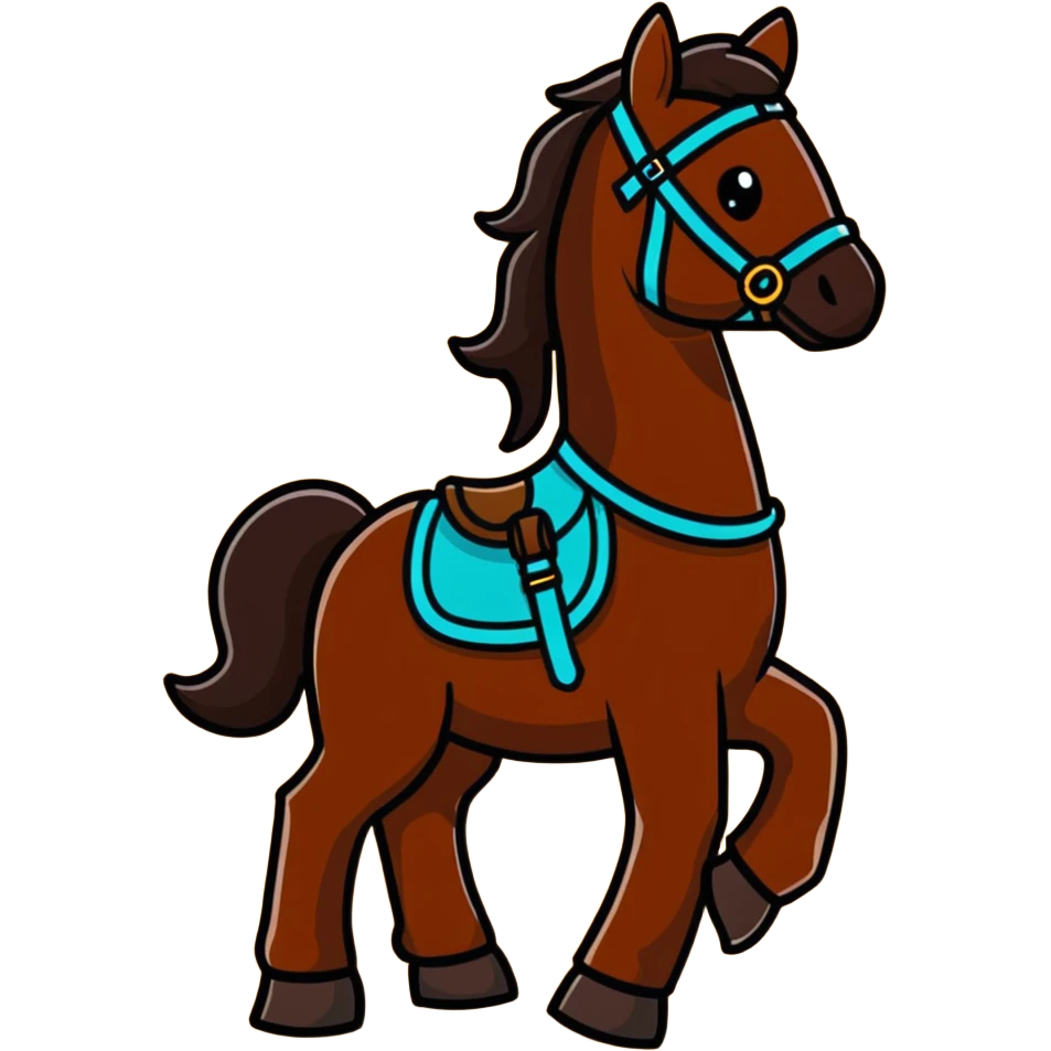 Dark chestnut horse with turquoise western tack full body standing still emoji