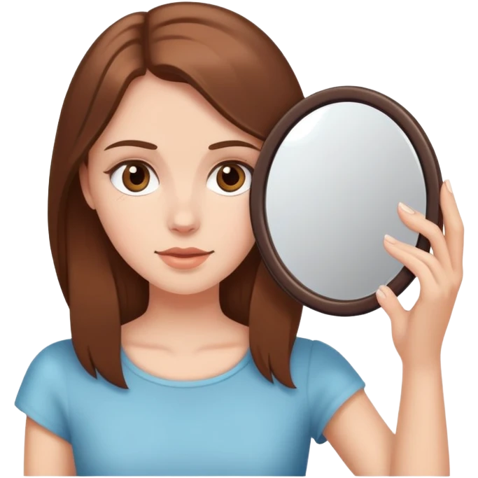 White girl with brown hair looking in a handheld mirror emoji