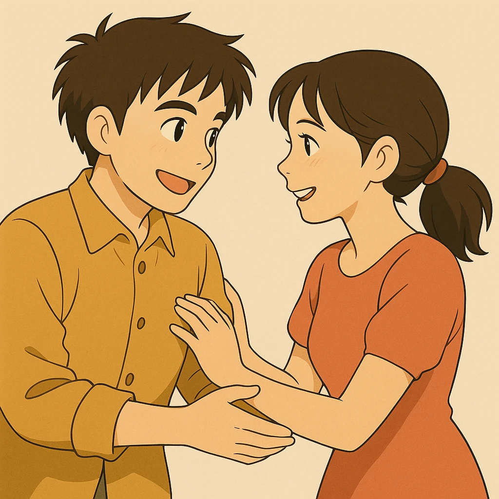 Change the scene so the woman and man are in love, smiling at each other, affectionate body language emoji