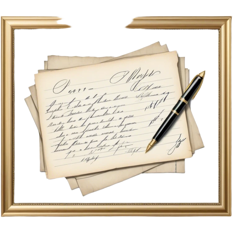 Icon for Autograph Collecting: several vintage sheets in frames with famous celebrity signatures on them, with a classic fountain pen nearby. The icon should evoke the elegance and rarity of collecting autographs. Transparent background. emoji