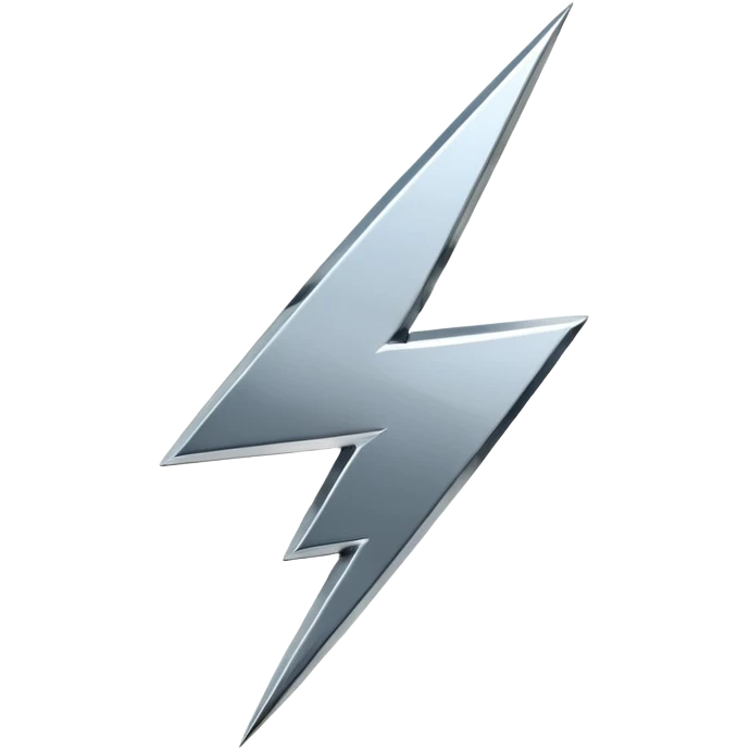 A lightning bolt emoji made of polished silver chrome, sharp yet rounded edges, glossy metallic surface, soft reflections, minimal futuristic design, iOS emoji style, centered, clean white background emoji