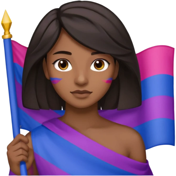 eu com a bandeira bissexual, sou parda, com cabelos negros que vão até a altura dos ombros levemente ondulados, olhos castanhos, emoji