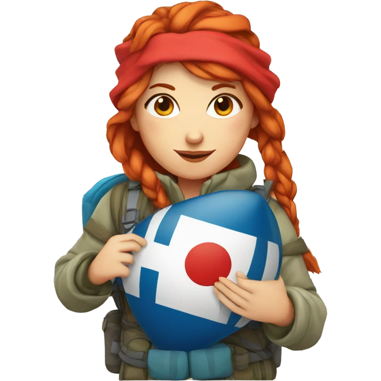 female winter mountaineer red hair holding red egg and greek flag  emoji
